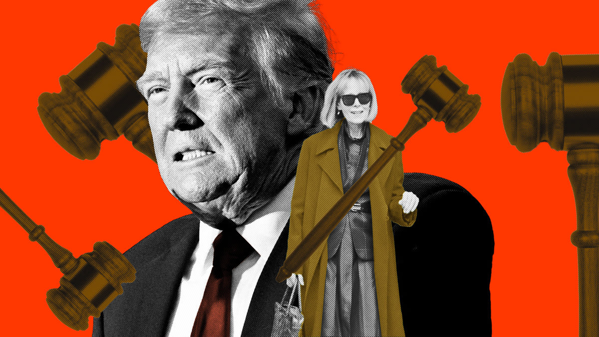 A photo illustration of Donald Trump and E Jean Carroll with gavels surrounding them.