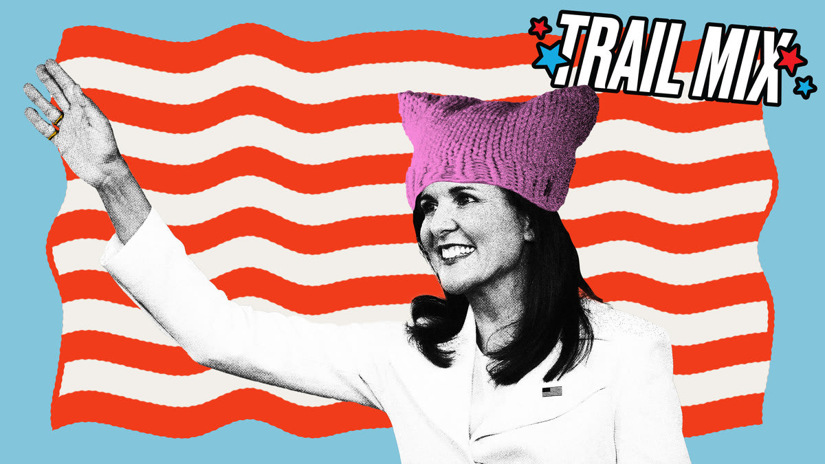 Photo illustration of Nikki Haley wearing a pink pussy hat on a red and white stripe background.