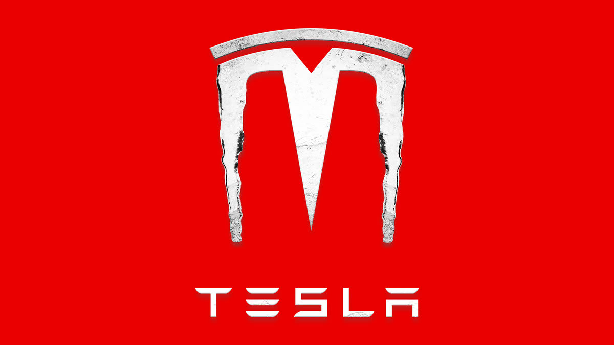 An illustration including a photo of a frozen Tesla logo