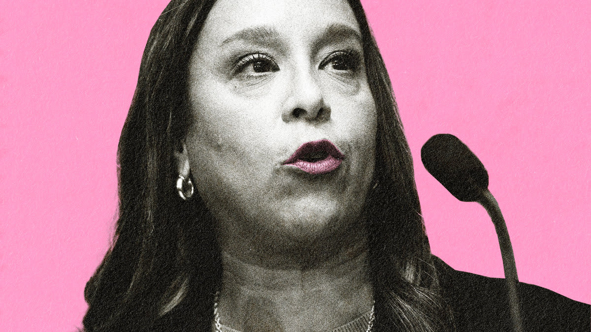 A photo illustration of Monica De La Cruz speaking in front of a microphone