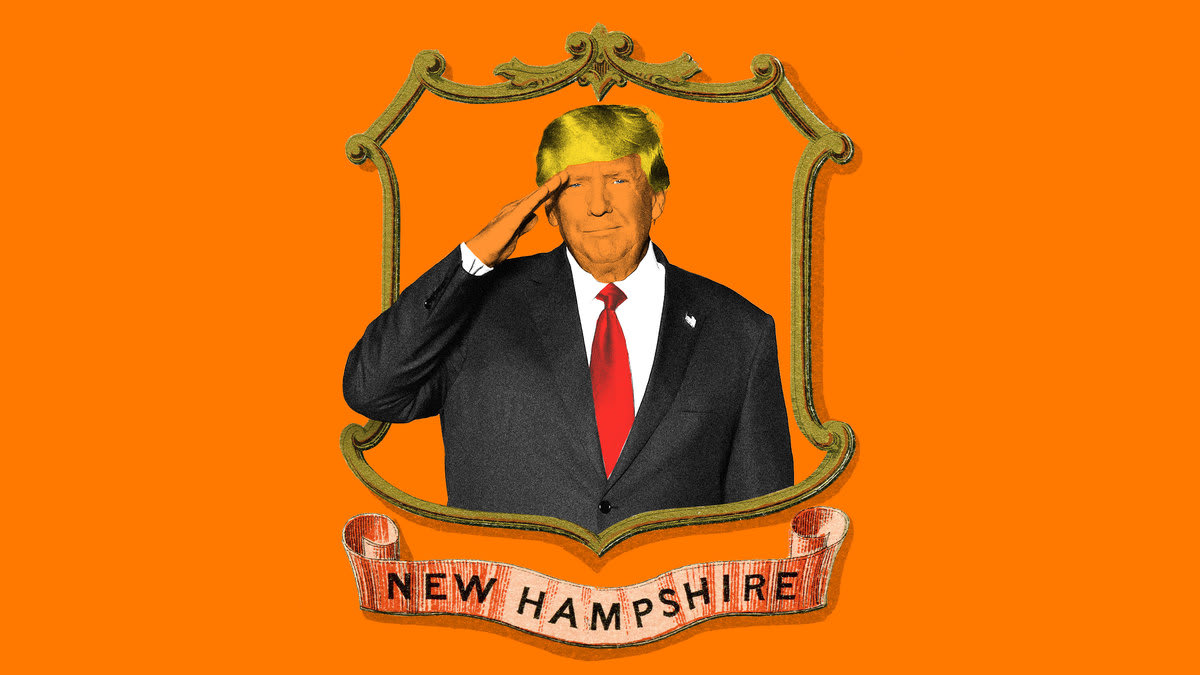 Photo illustration of Donald Trump saluting inside a gold frame with a banner reading, “New Hampshire” behind it