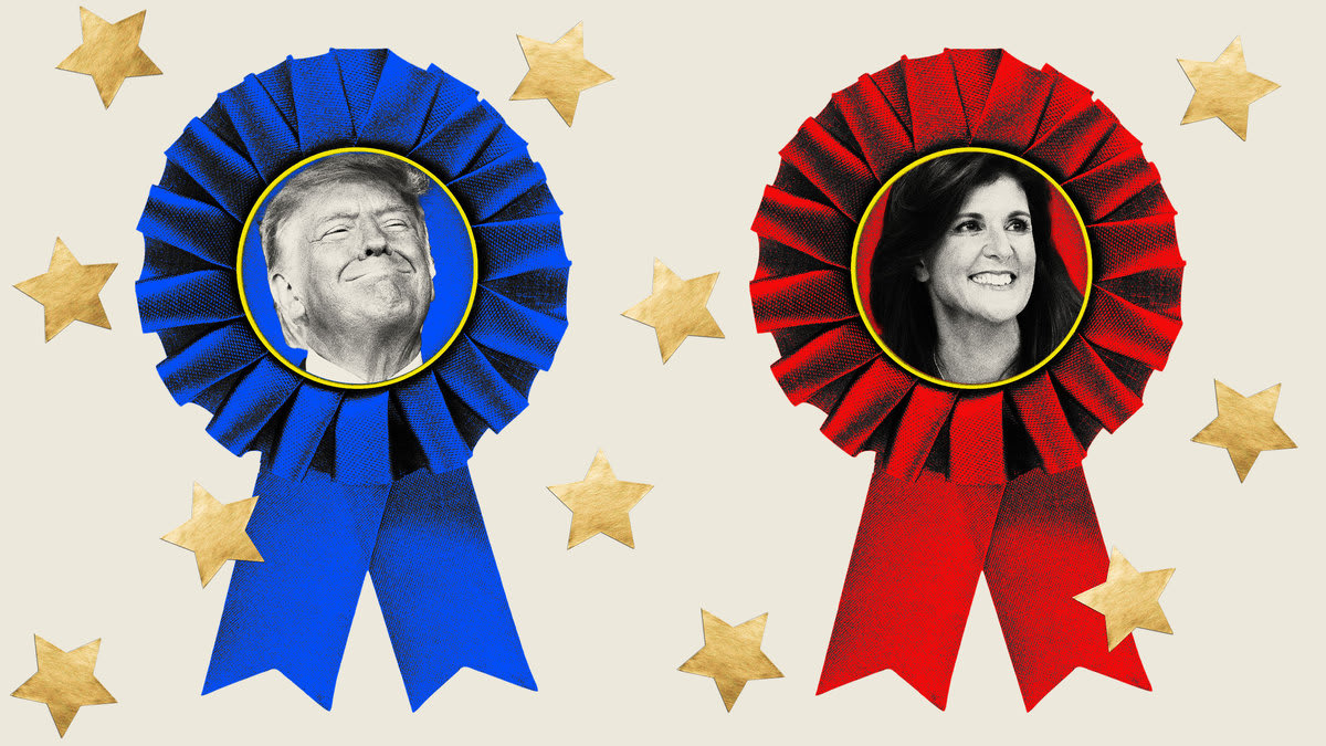 Photo illustration of Donald Trump and Nikki Haley in blue and red ribbons with gold stars around them.