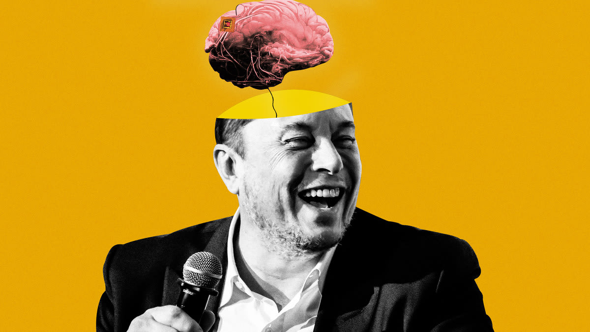 An illustration including a photo of Elon Musk and a floating brain with a brain chip