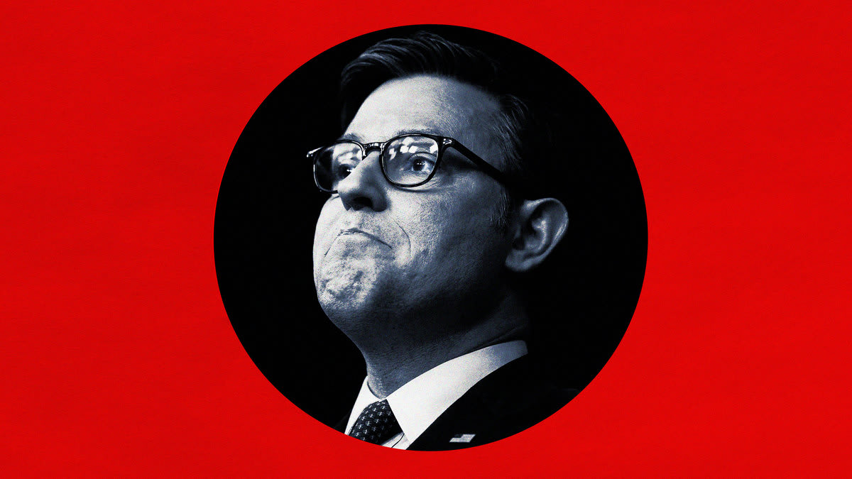 A photo illustration showing Mike Johnson looking upset and surrounded by red to represent the GOP’s anger.