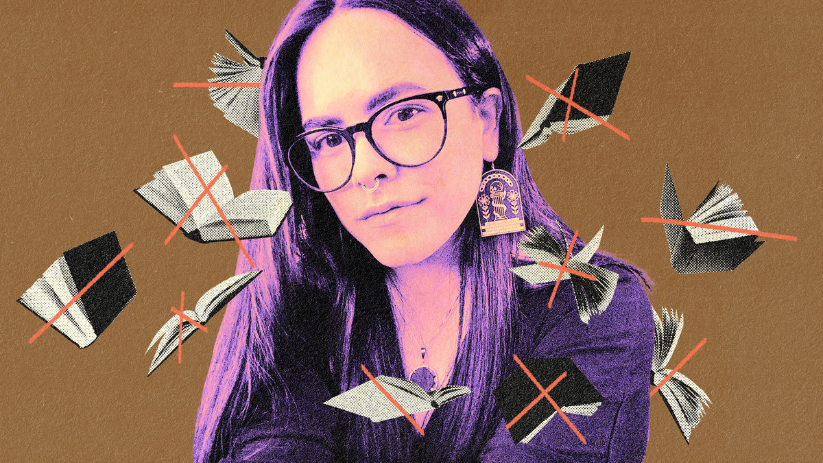A photo illustration of Cait Corrain with books floating around her with X’s through them.