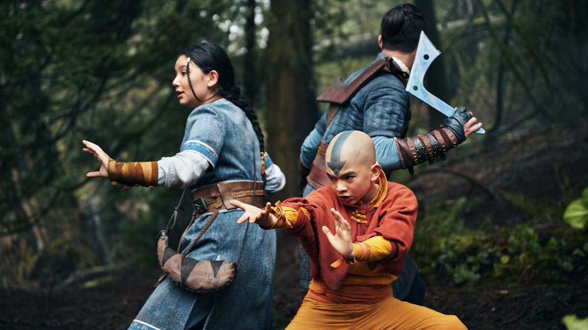 A photo including Kiawentiio as Katara, Gordon Cormier as Aang, Ian Ousley as Sokka in the series Avatar: The Last Airbender on Netflix