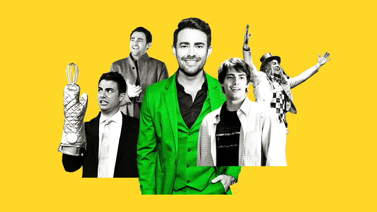A photo illustration of Jonathan Bennett surrounded by him in his various roles