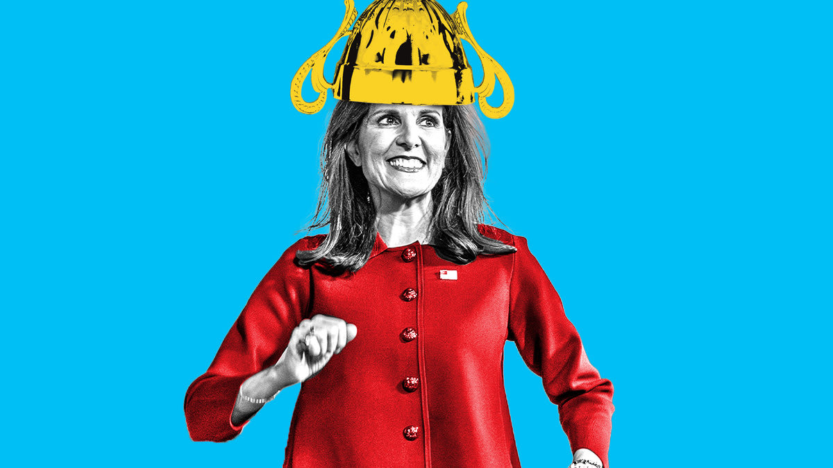 A photo illustration of Nikki Haley with a trophy on her head.