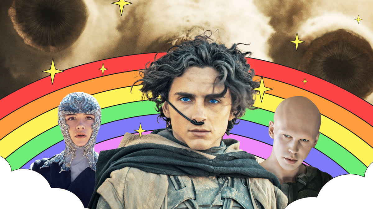 A photo illustration that shows Timothee Chalamet, Austin Butler and Florence Pugh from Dune 2 in front of a cartoon rainbow with sand worms charging in the background.