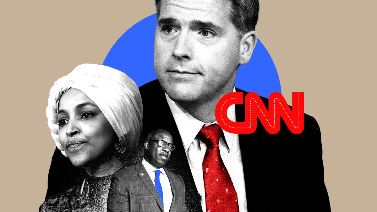 An illustration showing Jamaal Bowman, Ilhan Omar and Scott Jennings.