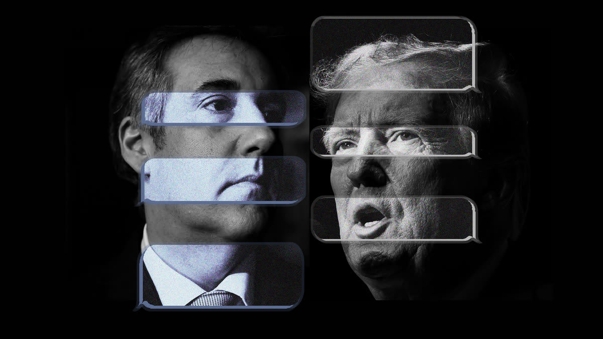 Alt text: A photo illustration showing Michael Cohen and Donald Trump with text message exchange overlaid on top of their faces.