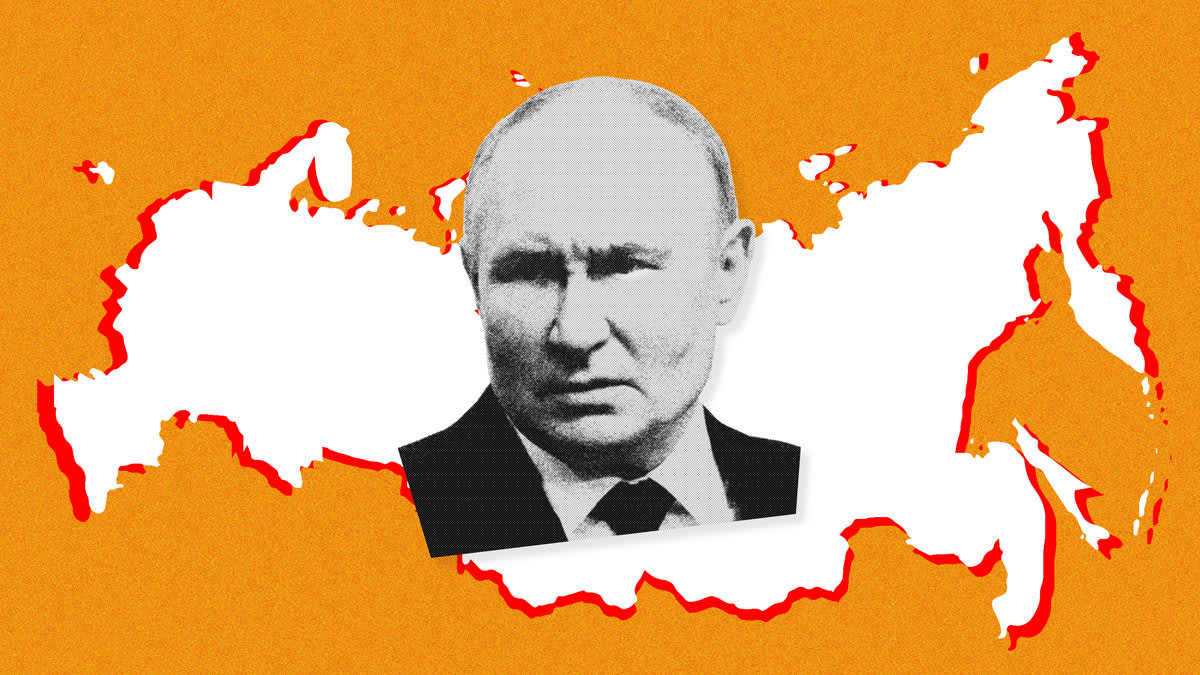 A photo illustration showing Vladimir Putin in front of a map of Russia with its borders outlined in red.