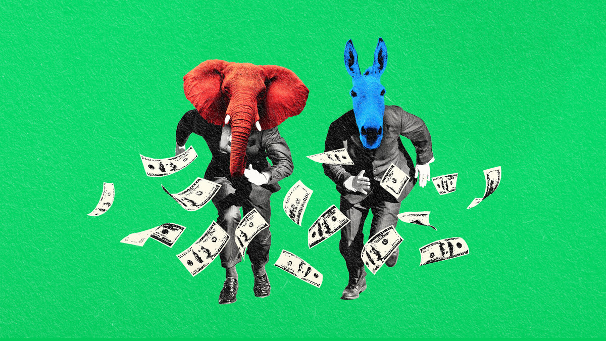 A photo illustration of an elephant and donkey racing towards money