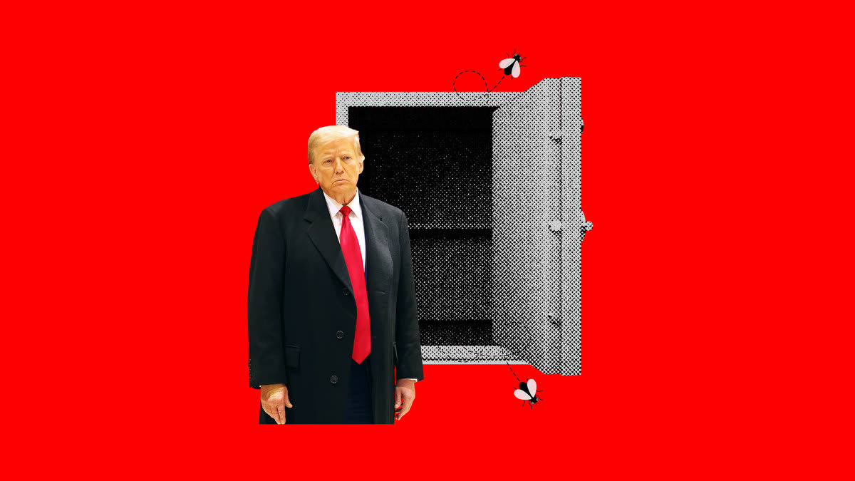 A photo illustration of Donald Trump in front of an empty bank vault.