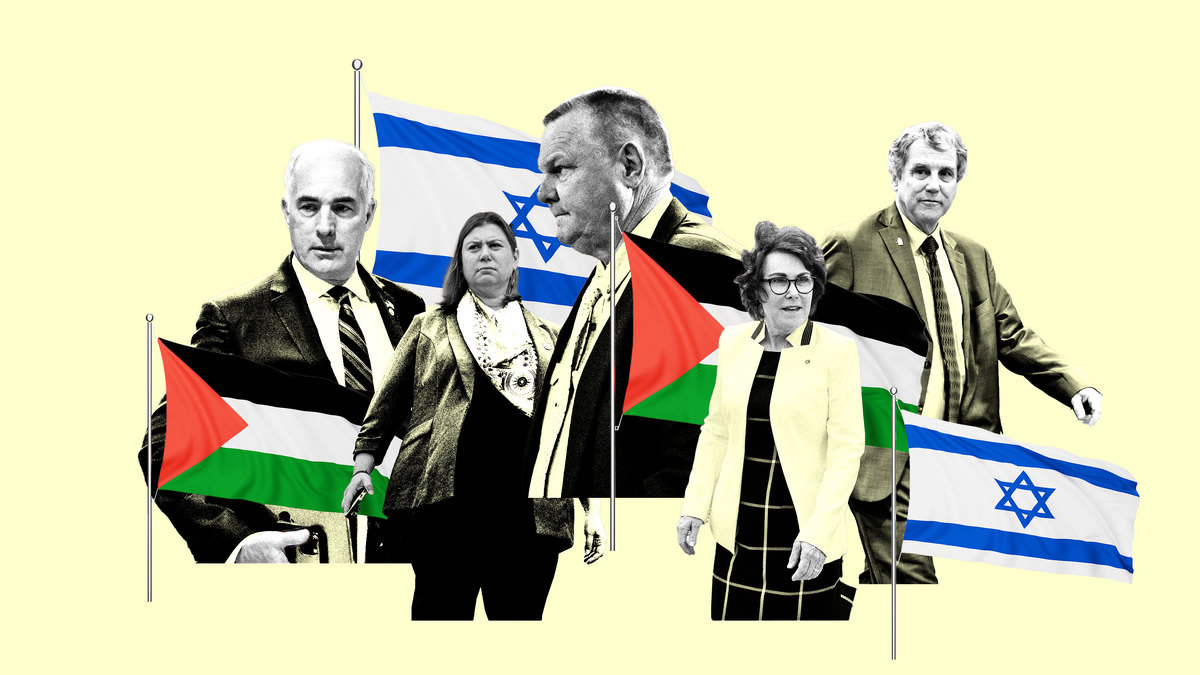 A photo illustration of Sen. Jon Tester, Sen. Bob Casey, Sen. Sherrod Brown, Rep. Elissa Slotkin, Sen. Jacky Rosen with Israel and Palestinian flags between them.