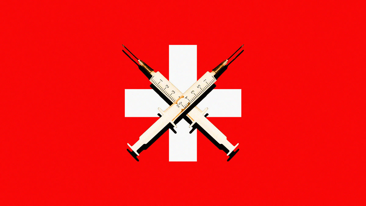 A photo illustration showing a red hopsital emergency sign, with two vaccine doses forming an x over the hospital sign.