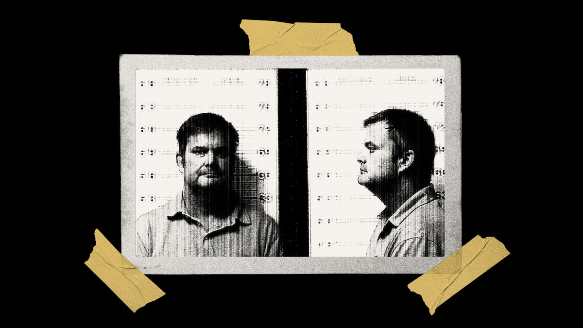 Photo illustration of Chad Daybell’s mugshot with tape on it