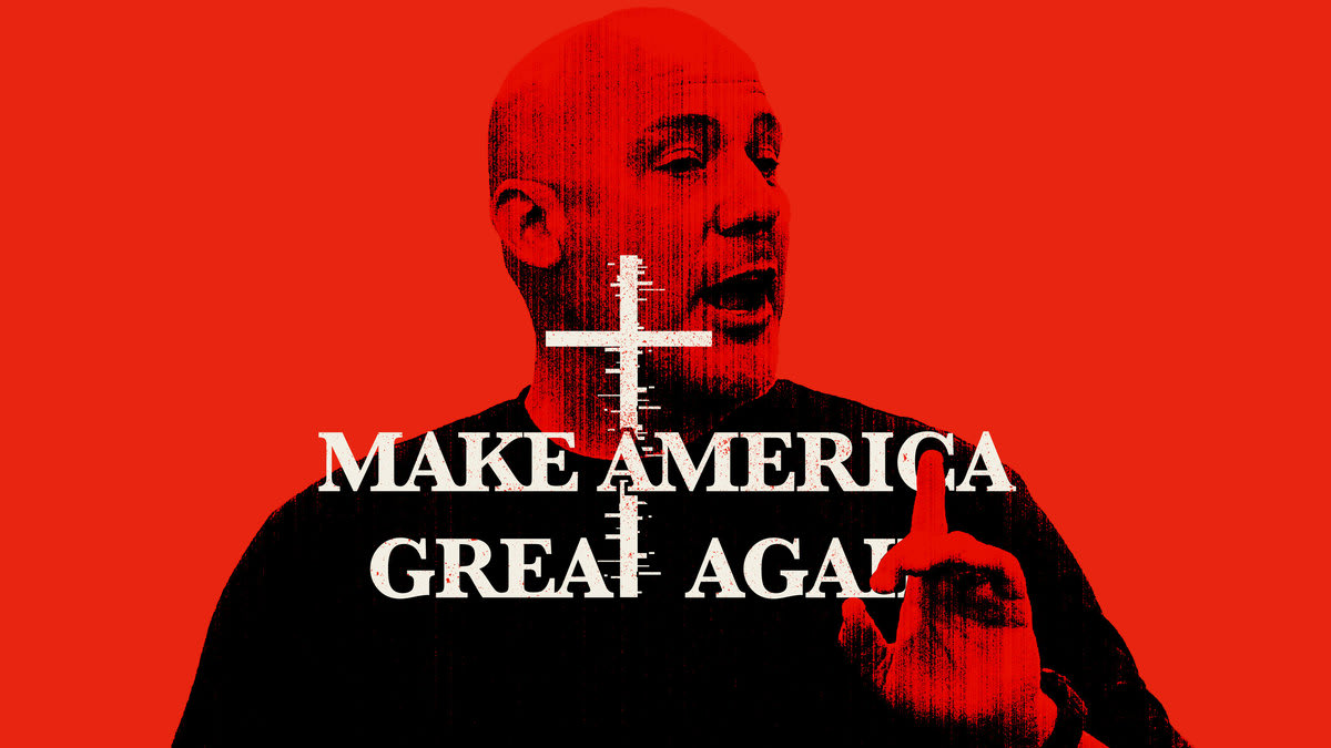 Photo illustration of Pastor Tim Thompson on a red background with “Make America Great Again” on top with the “t” as a glitching cross