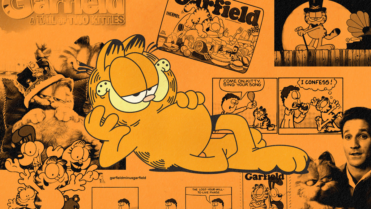 A photo illustration of Garfield the Cat lounging with pictures of him from his cartoons, movies, and comic strips surround him.