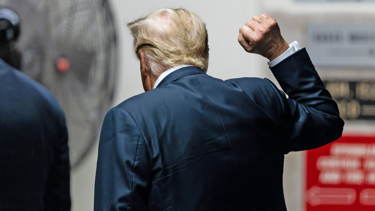 Donald Trump raises his fist outside of a courtroom.