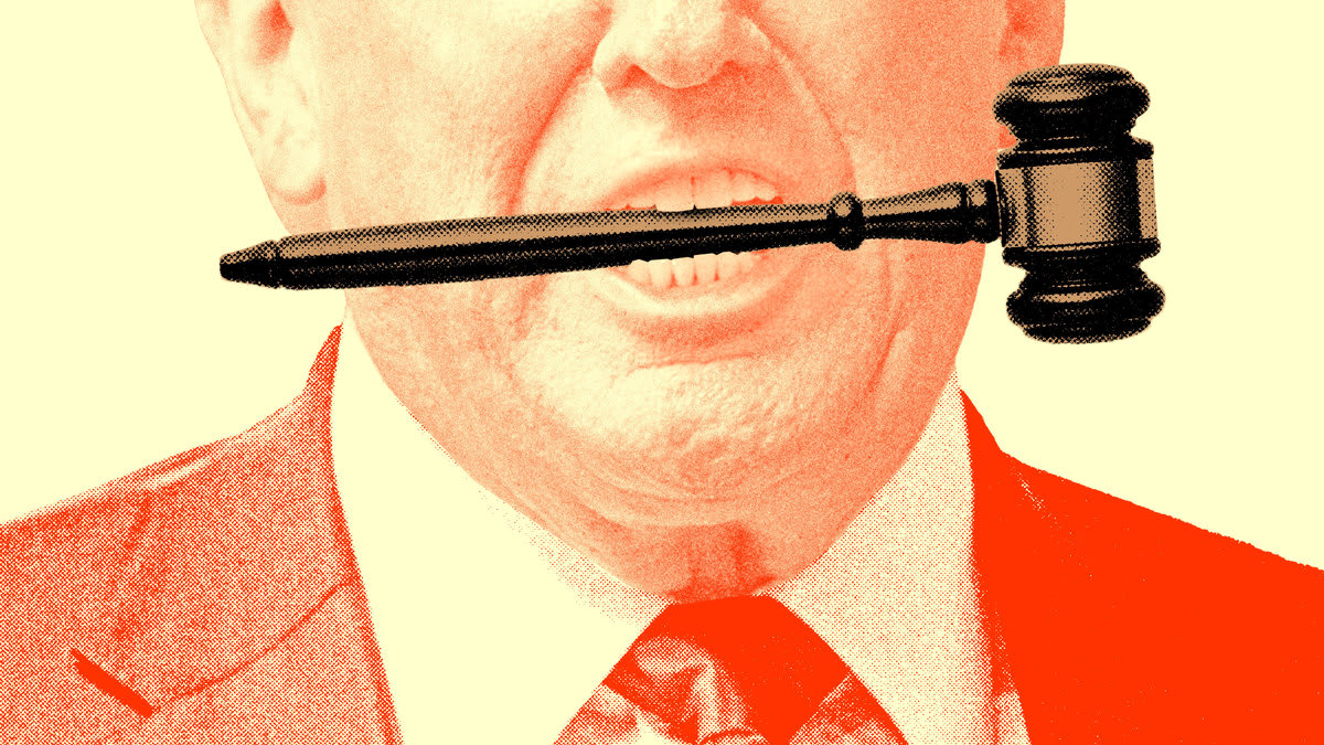 A photo illustration of Donald Trump with a gavel in his mouth