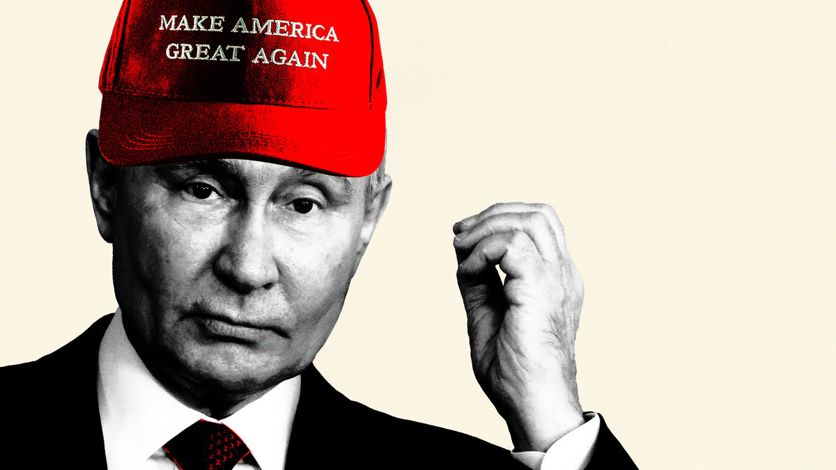 An illustration including Putin wearing a MAGA hat