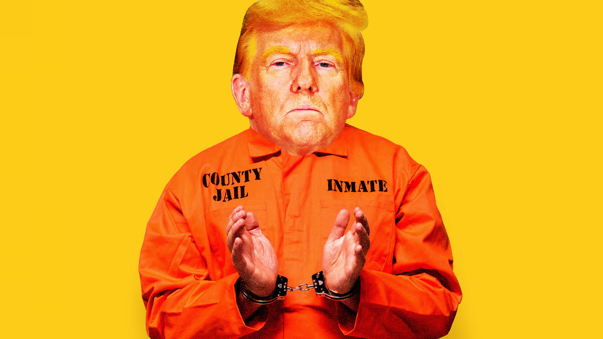 An illustration including a photo of former U.S. President Donald Trump wearing an inmate uniform