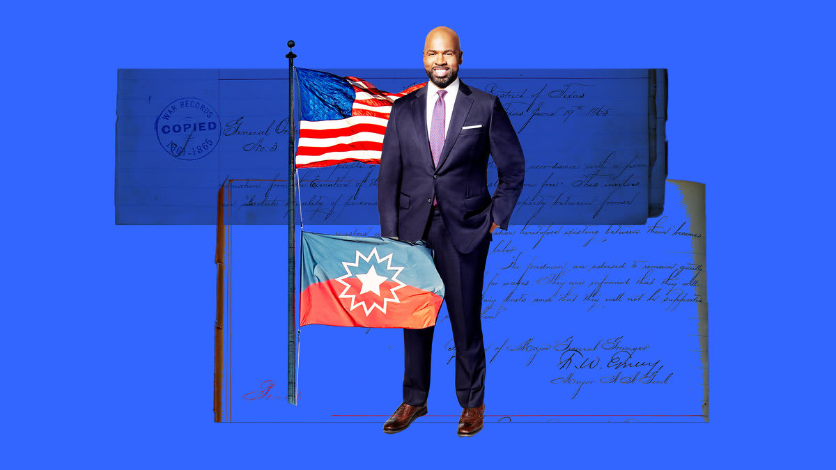 A photo illustration of Victor Blackwell with the American and Juneteenth flags and the official handwritten record showing General Orders, Number 3, issued by U.S. Major General Gordon Granger on June 19, 1865, which is now celebrated as Juneteenth.