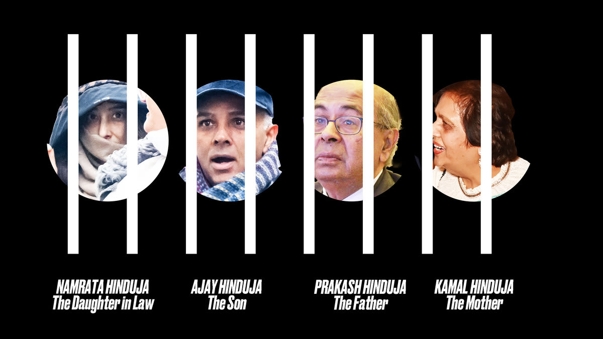 Namrata, Ajay, Prakash, and Kamal Hinduja behind illustrated bars