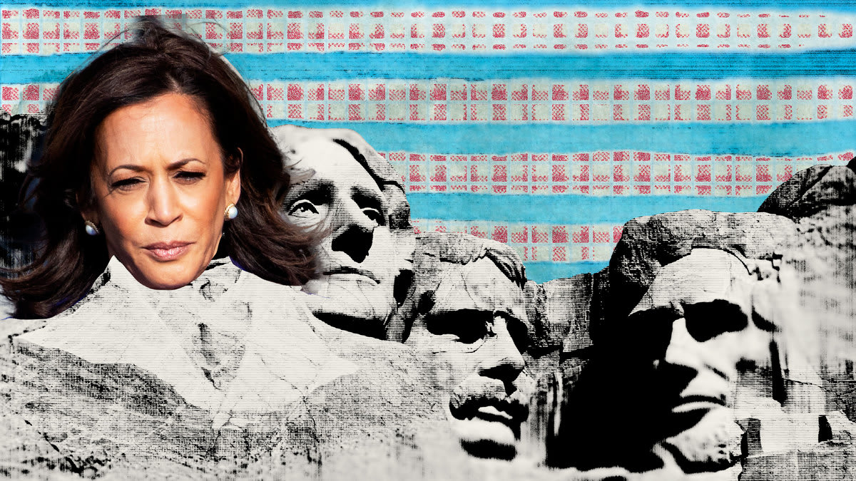 Photo illustration of Kamala Harris on Mt Rushmore