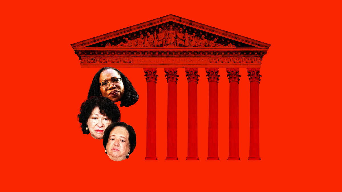 Photo illustration of the Supreme Court building with Sonja Sotomayor, Elena Kagan, and Ketanji Brown Jackson