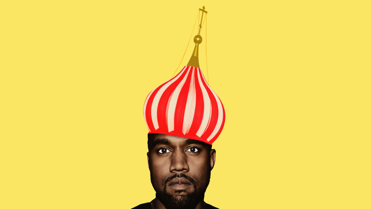 Illustration of Kanye West with a Russian church dome on his head.