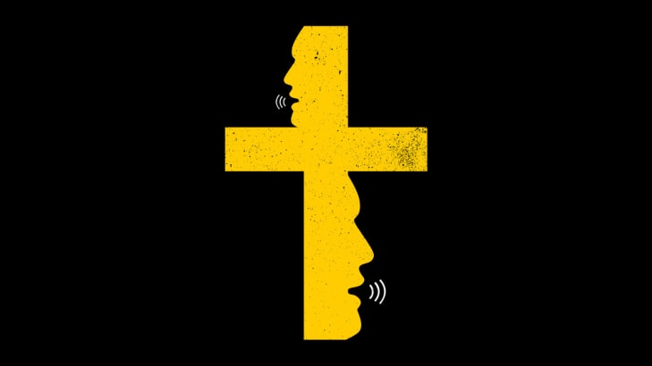 Illustration of a cross with the silhouette of talking faces on either side.
