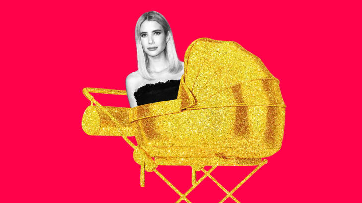 Photo illustration of a gilded and sparkly baby pram with Emma Roberts popping out.
