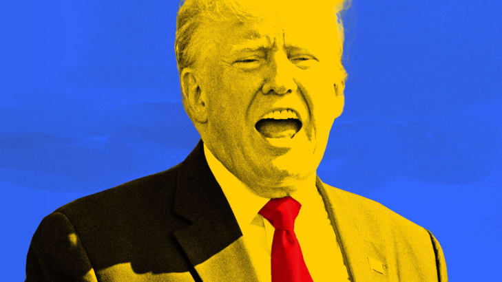 A photo illustration of Donald Trump with his mouth open,  colored yellow with a red tie on