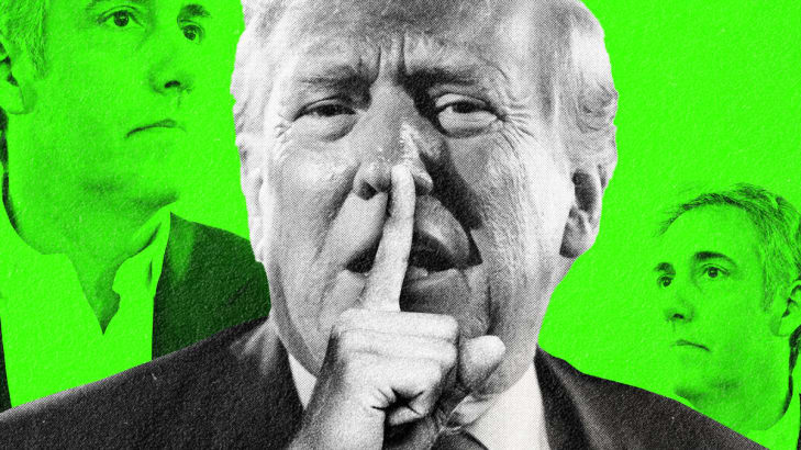 A photo illustration of Donald Trump with a finger shh’ing his mouth while photos of Michael Cohen surrounds him.