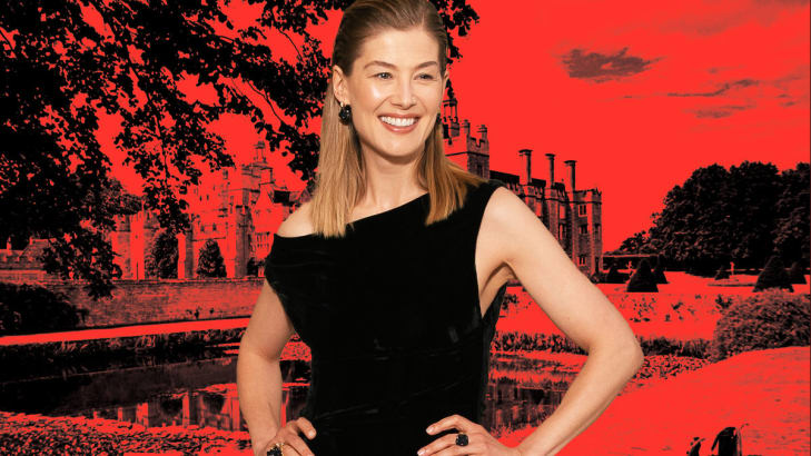 A photo illustration of Rosamund Pike in front of a still from ‘Saltburn'