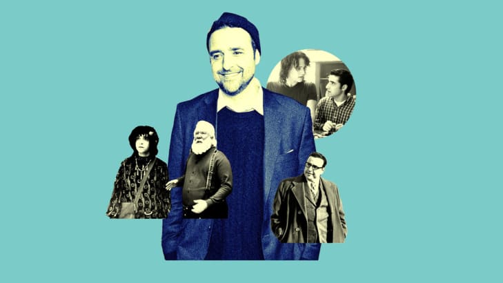 A photo illustration of David Krumholtz surrounded by images from his films including The Santa Clause, 10 Things I Hate About You, and Oppenheimer