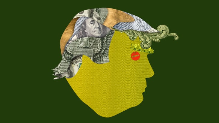Photo illustration of Donald Trump made out of money on a green background.