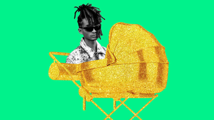 An illustration including a photo of Jaden Smith and a golden stroller