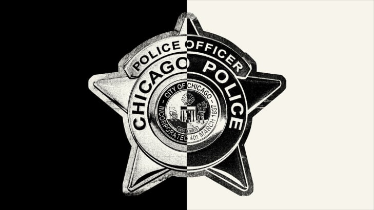 A photo illustration of a Chicago Police badge, which is white on the left half and black on the right half.