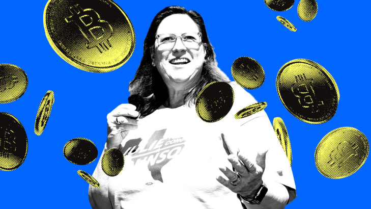 A photo illustration of Rep. Julie Johnson with bitcoin falling around her