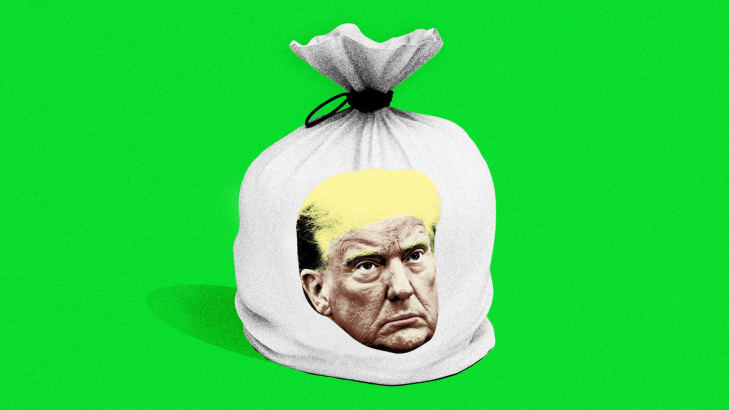 An illustration including former U.S. President Donald Trump and a money bag.