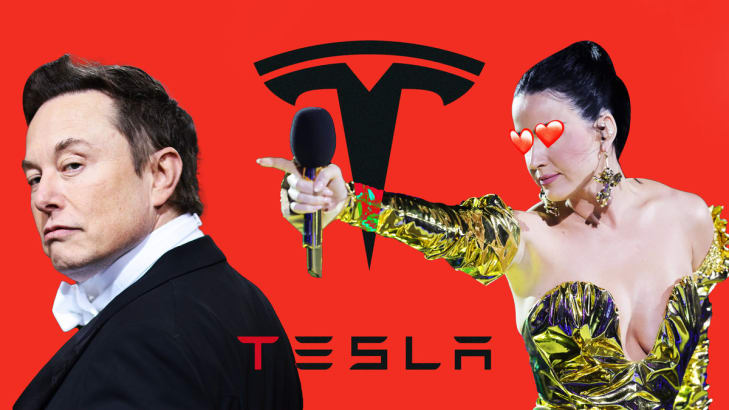 An illustration including photos of Elon Musk, Katy Perry, and the Tesla logo