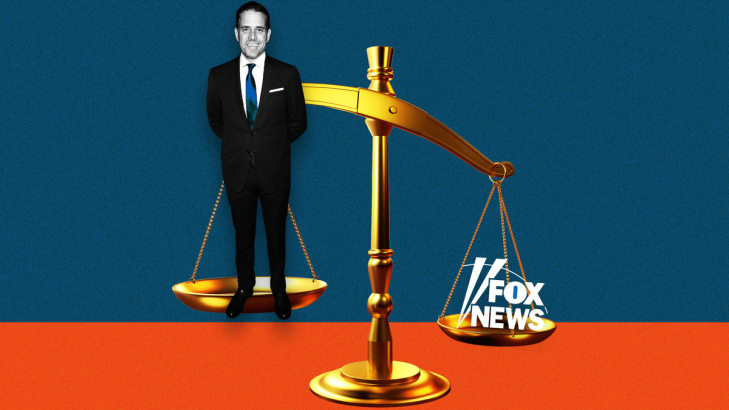 An illustration including photos of Hunter Biden, the Fox News logo, and a justice scale