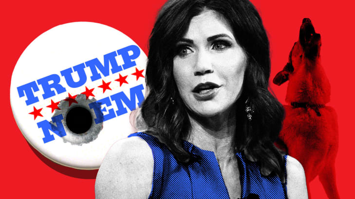 A photo illustration of Kristi Noem with a howling dog and a Trump/Noem button with a gun shot through it behind her