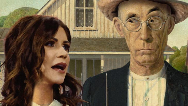 Photo illustration of Kristi Noem’s face on the woman’s body of the Grant Wood painting, American Gothic, with the man’s eyebrow raised and giving her side-eye.