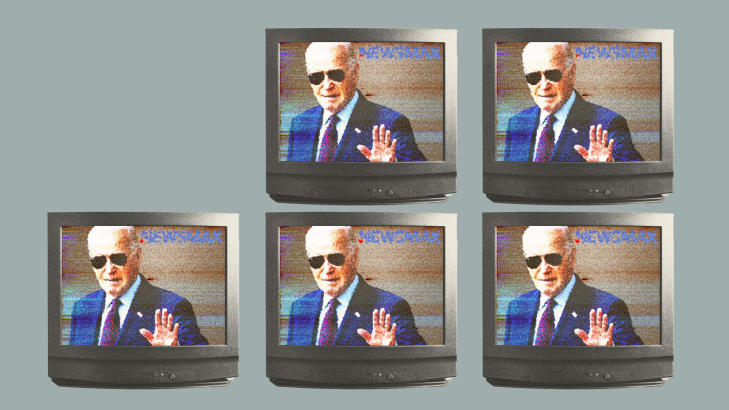 Photo illustration of five televisions with a static-y Joe Biden and a Newsmax logo.