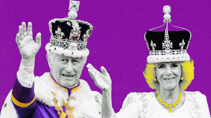 An illustration including photos of King Charles and Queen Camilla