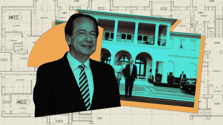A photo illustration showing John Paulson and Donald and Melania Trump at Paulson’s mansion where they held a campaign fundraiser.